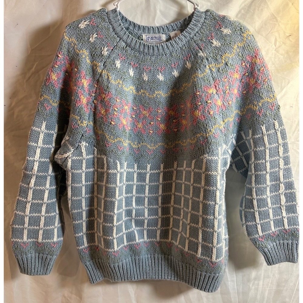 Ashley Sweater Size M Blue Hand Embroidered Fair Isle Ramie Cotton Womens